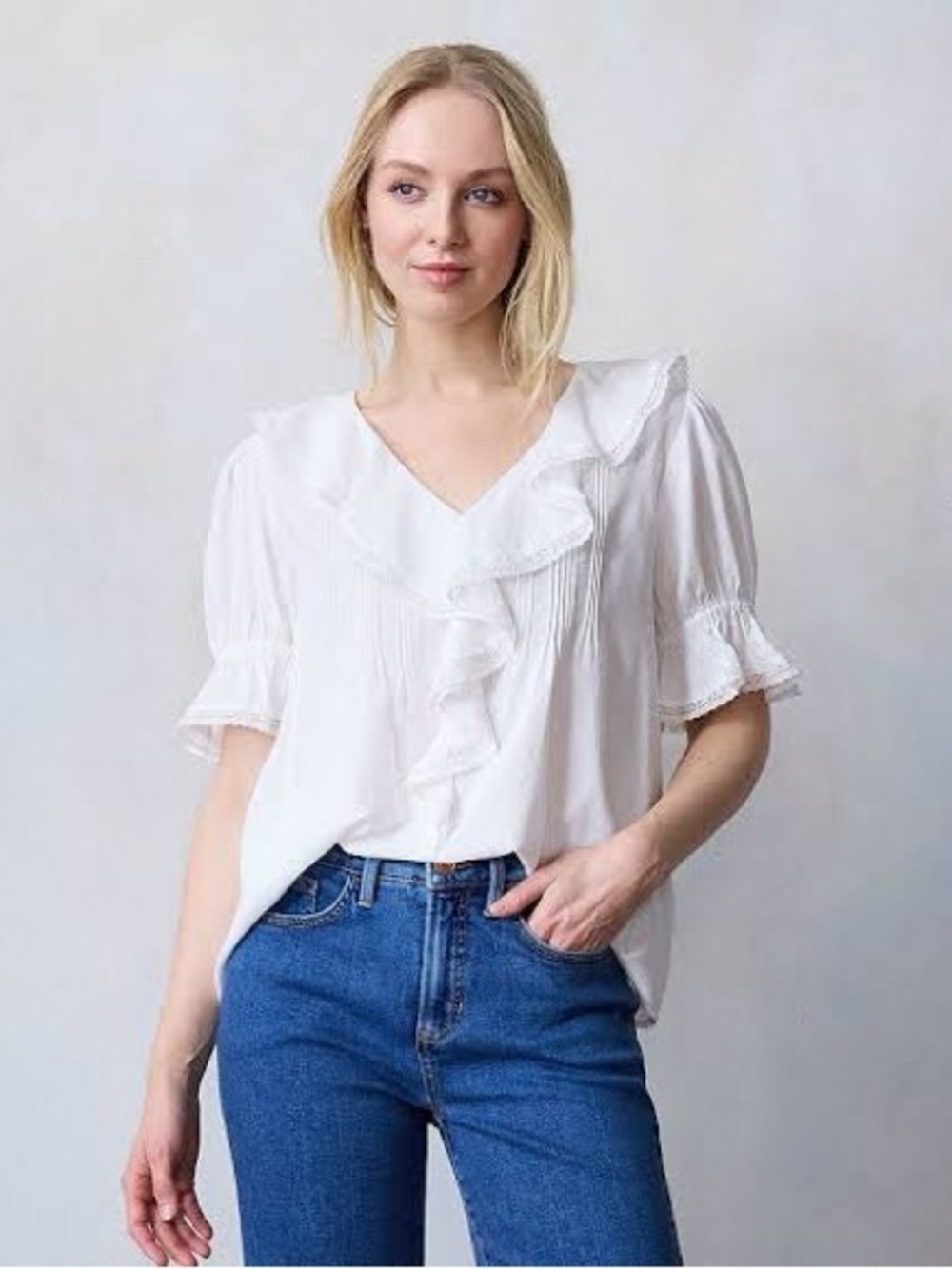 LC Lauren Conrad White Ruffled V-Neck Blouse